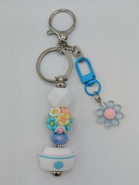Handcrafted Pastel Floral Beaded Nurse Keychain/Bag Charm with Blue Daisy Accent